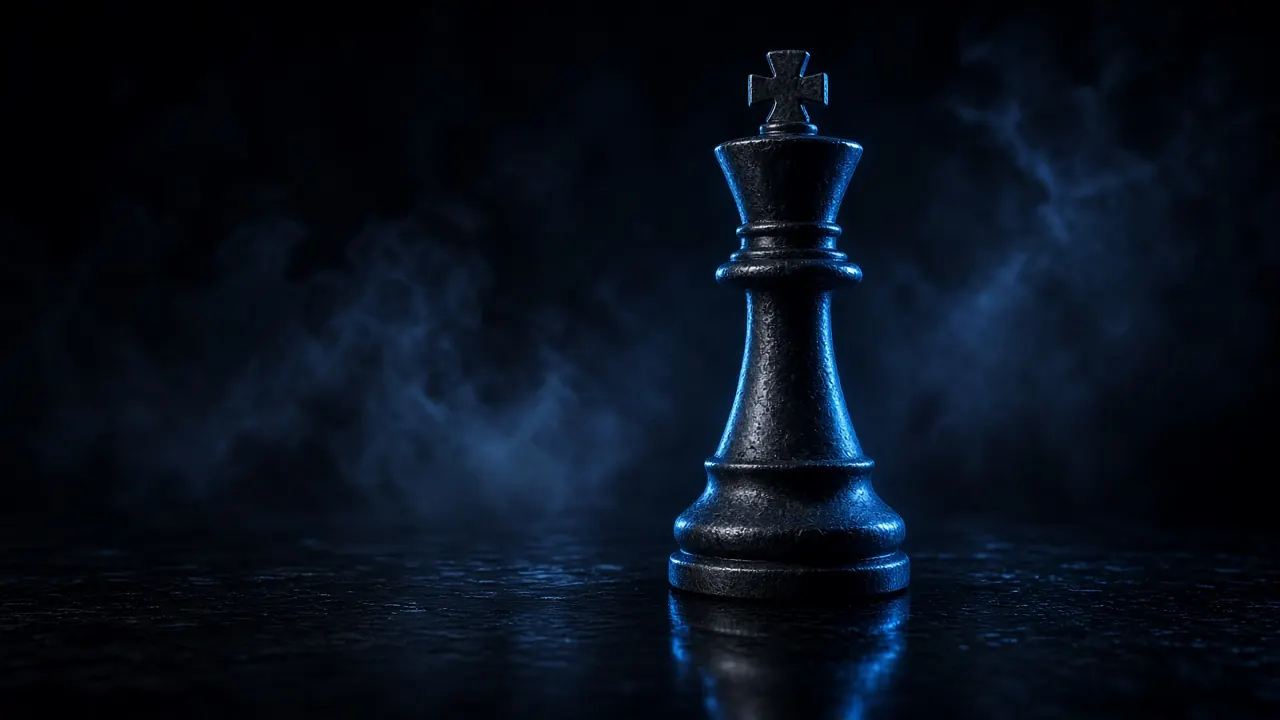A black chess king standing alone on a reflective surface under cold blue light