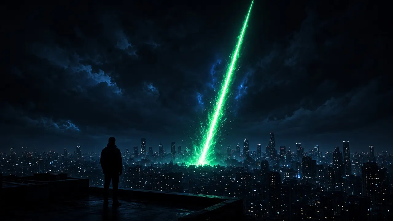 A lone figure on a rooftop watching a green streak of light shoot up over a dark city