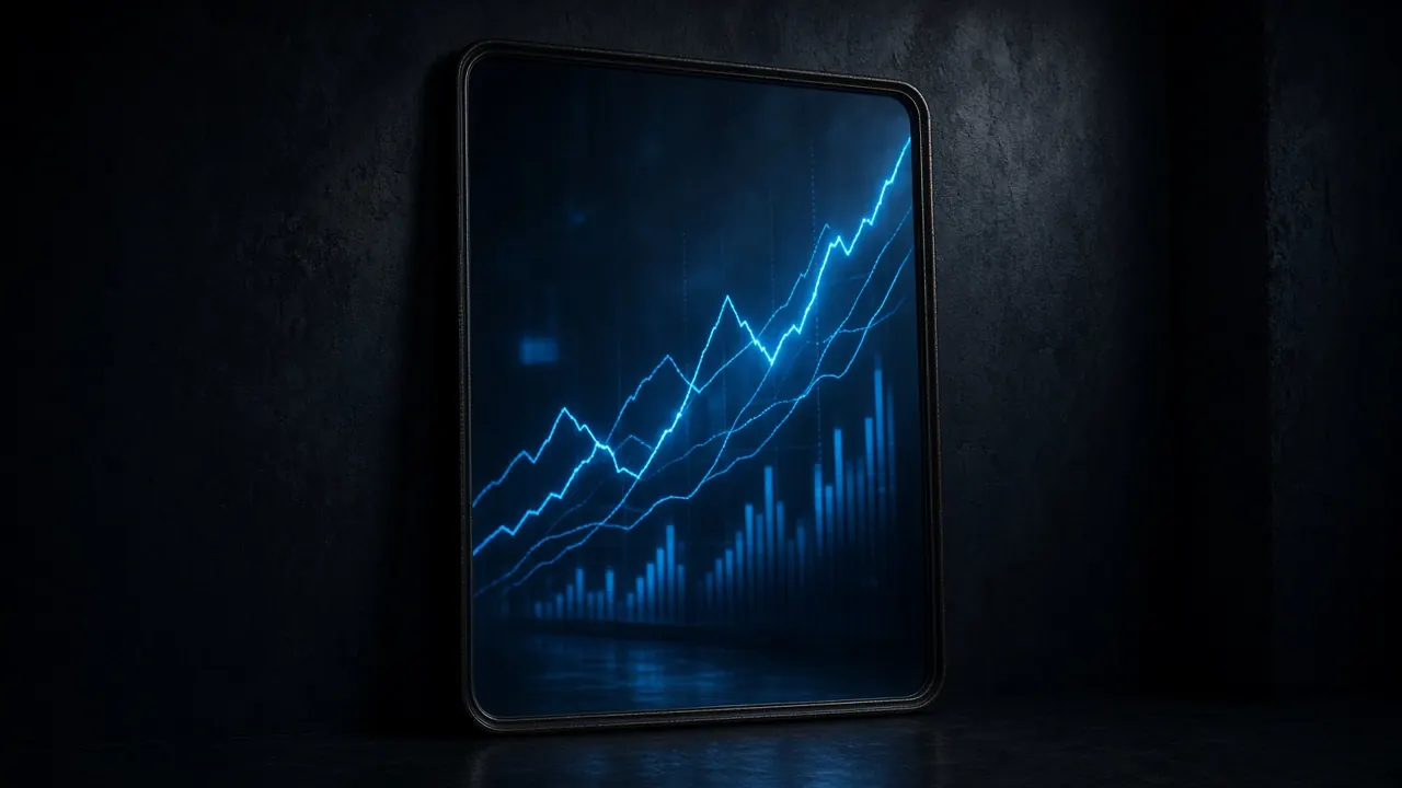 A mirror on a dark wall reflecting glowing blue chart lines