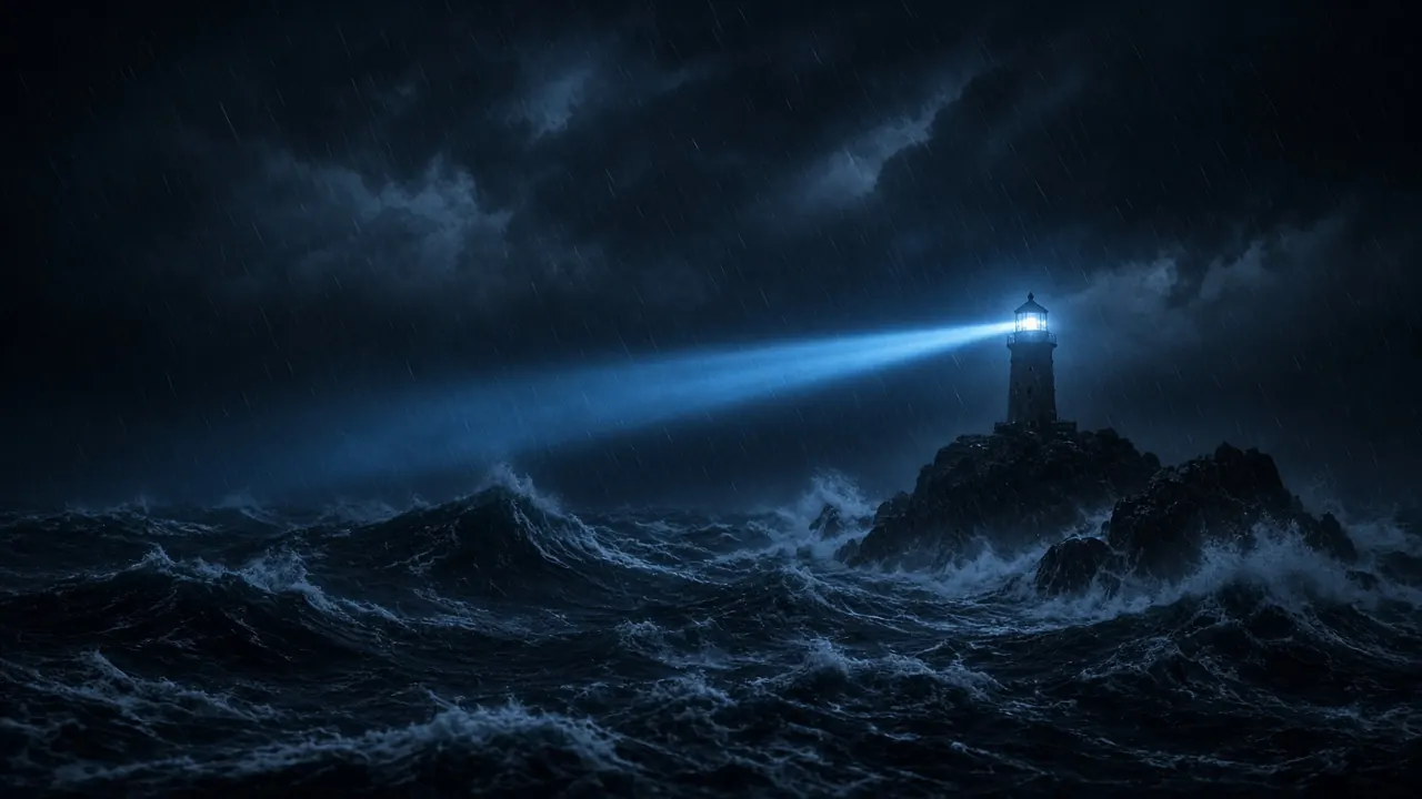 A lighthouse holding its beam steady through a violent storm at sea at night