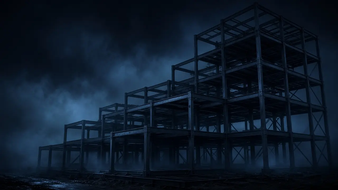 A steel building frame stepping higher into fog at night