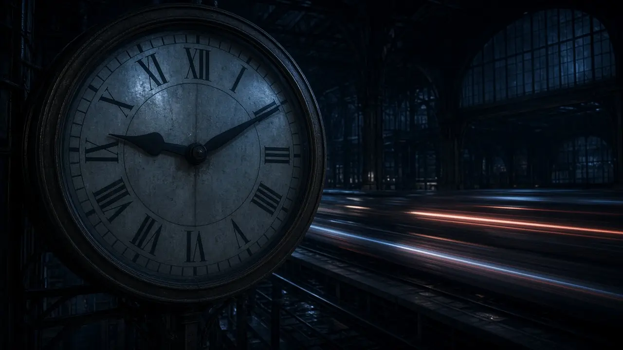 A large vintage clock in a dark train station with light trails passing