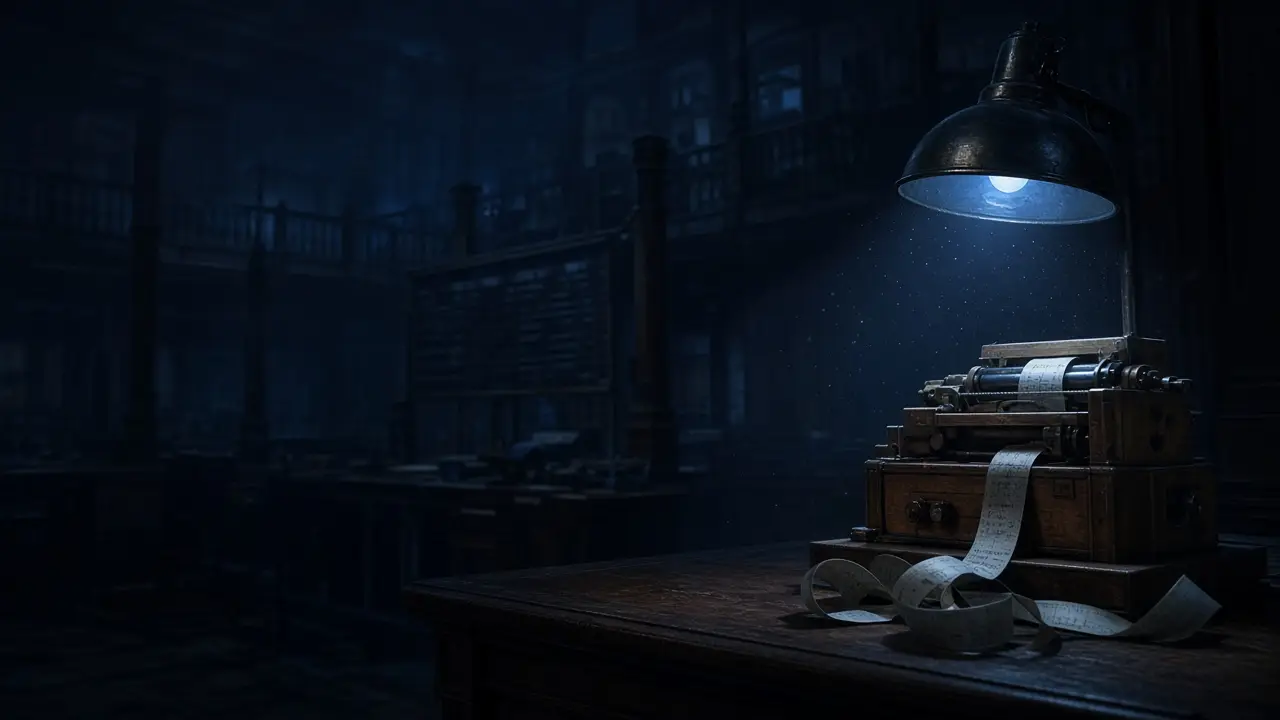 An old ticker tape machine under a single blue lamp on an empty trading floor